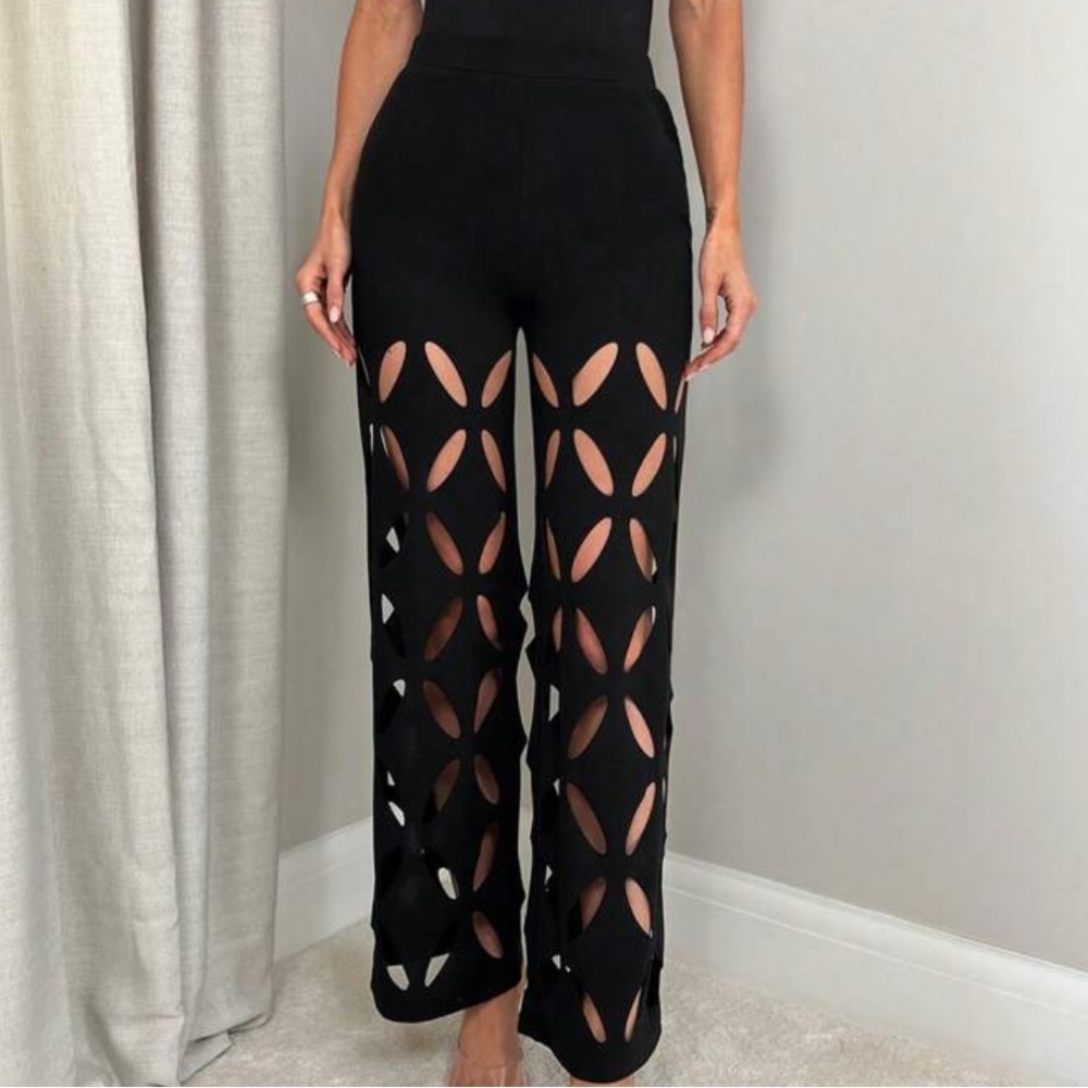 Elegant Black Cut-Out Women's Wide Leg Pants